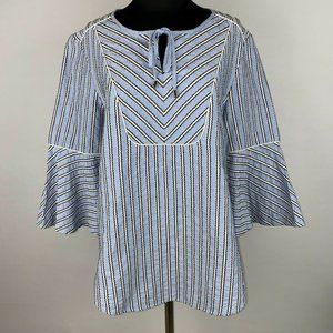 Isaac Mizrahi Live! US 12 Striped Split Neck Tunic Top Bell Sleeves Embroidered